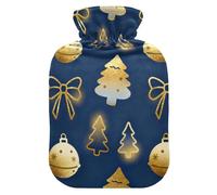 Christmas Bow and Tree Gold and Dark Blue hot Water Bottle with Soft Cover, 2L Warm Water Bottle for Bed for Menstrual Cramps, Neck and Shoulder Pain Relief, Pain Relief