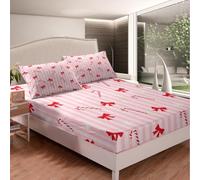 Christmas Bow Bed Sheet Set Xmas Candy Snowy Pink White Striped Fitted Sheet for Ultra Soft Princess Bowknots Winter Snowflake Bedding Cover Set Room Decor King (No Flat Sheet)