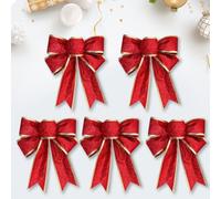 Christmas Bows - 5Pcs Christmas Bows Large 25x20cm - Christmas Tree Decoration Bow Glitter Ribbon Christmas Wreath Ornament, Christmas Tree Decoration, Door Decoration Christmas Decoration (Red)