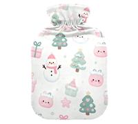 Christmas Box and Snowman Soft Pink hot-Water Bottle with Soft Cover, 2L Warm Water Bottle for Bed for Hot and Cold Therapies, Period Cramps