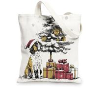 Christmas Boxer Dog Canvas Tote Bag for Shopping 13 * 15, Xmas Tree Gifts Reusable Grocery Bag for Women, Pet Work Travel Painting Gift Decor
