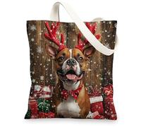 Christmas Boxer Dog Canvas Tote Bag for Shopping 13x15, Fun Rustic Xmas Gifts Puppy Reusable Grocery Print Bag for Women, Holiday Pet Aesthetic Painting Gift Decoration