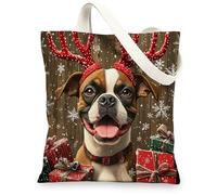 Christmas Boxer Dog Canvas Tote Bag for Shopping 13x15, Fun Rustic Xmas Gifts Puppy Reusable Grocery Print Bag for Women, Holiday Pet Aesthetic Painting Gift Decor