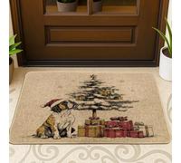 Christmas Boxer Dog Front Black Door Mat Outside Inside Entrance 29 * 17, Xmas Tree Gifts Outdoor Indoor Ultra Thin Doormat, Small Pet Classroom Patio Home Shoes Off Doormat