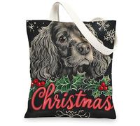 Christmas Boykin Spaniel Dog Canvas Tote Bag for Shopping 13 * 15, Fun Xmas Hollies Reusable Grocery Bag for Women, Pet Travel Painting Gift Decoration
