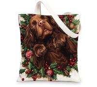 Christmas Boykin Spaniel Dog Canvas Tote Bag for Shopping 13 * 15, Fun Xmas Hollies Reusable Grocery Shoulder Cloth Bag for Women, Pet Painting Gift Decoration