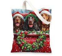 Christmas Boykin Spaniel Dog Canvas Tote Bag for Shopping 13 * 15, Funny Xmas Truck Reusable Grocery Bag for Women, Pet Travel Pattern Gift Decoration