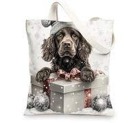 Christmas Boykin Spaniel Dog Canvas Tote Bag for Shopping 13 * 15, Luxury Xmas Gifts Reusable Grocery Bag for Women, Pet Work Travel Painting Gift Decor