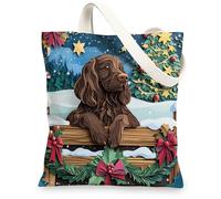 Christmas Boykin Spaniel Dog Canvas Tote Bag for Shopping 13 * 15, Xmas Novelty Forest Reusable Grocery Bag for Women, Pet Work Travel Painting Gift Decor