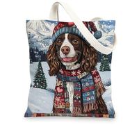 Christmas Boykin Spaniel Dog Canvas Tote Bag for Shopping 13 * 15, Xmas Patchwork Reusable Grocery Shoulder Cloth Bag for Women, Pet Painting Gift Decor