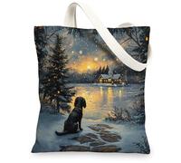 Christmas Boykin Spaniel Dog Canvas Tote Bag for Shopping 13 * 15, Xmas Snowy Scene Reusable Grocery Bag for Women, Pet Travel Pattern Gift Decoration