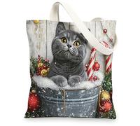 Christmas British Shorthair Cats Canvas Tote Bag for Shopping 13 * 15, Cute Xmas Wood Reusable Grocery Bag for Women, Pet Work Travel Painting Gift Decor