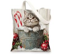 Christmas British Shorthair Cats Canvas Tote Bag for Shopping 13 * 15, Cute Xmas Wood Reusable Grocery Bag for Women, Pet Work Travel Pattern Gift Decor
