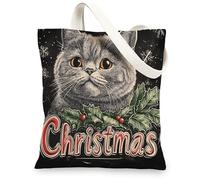 Christmas British Shorthair Cats Canvas Tote Bag for Shopping 13 * 15, Fun Xmas Hollies Reusable Grocery Bag for Women, Pet Travel Pattern Gift Decoration