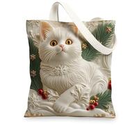 Christmas British Shorthair Cats Canvas Tote Bag for Shopping 13 * 15, Fun Xmas Luxury Reusable Grocery Bag for Women, Pet Travel Painting Gift Decoration