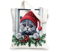 Christmas British Shorthair Cats Canvas Tote Bag for Shopping 13 * 15, Funny Xmas Windows Reusable Grocery Shoulder Bag for Women, Pet Painting Gift Decor