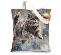 Christmas British Shorthair Cats Canvas Tote Bag for Shopping 13 * 15, Luxury Snowflakes Reusable Grocery Bag for Women, Pet Travel Pattern Gift Decoration