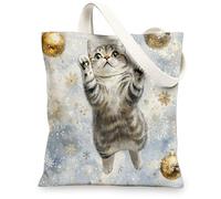 Christmas British Shorthair Cats Canvas Tote Bag for Shopping 13 * 15, Luxury Snowflakes Reusable Grocery Bag for Women, Pet Travel Painting Gift Decoration