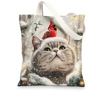 Christmas British Shorthair Cats Canvas Tote Bag for Shopping 13 * 15, Xmas Cardinal Snowy Reusable Grocery Bag for Women, Pet Travel Painting Gift Decoration