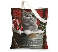 Christmas British Shorthair Cats Canvas Tote Bag for Shopping 13 * 15, Xmas Farmhouse Plaid Reusable Grocery Shoulder Cloth Bag for Women, Pet Painting Gift Decor