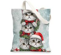 Christmas British Shorthair Cats Canvas Tote Bag for Shopping 13 * 15, Xmas Fun Watercolor Reusable Grocery Bag for Women, Pet Travel Pattern Gift Decoration