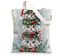 Christmas British Shorthair Cats Canvas Tote Bag for Shopping 13 * 15, Xmas Fun Watercolor Reusable Grocery Bag for Women, Pet Travel Painting Gift Decoration