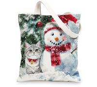 Christmas British Shorthair Cats Canvas Tote Bag for Shopping 13 * 15, Xmas Snowmen Tree Reusable Grocery Bag for Women, Pet Work Travel Pattern Gift Decor