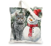 Christmas British Shorthair Cats Canvas Tote Bag for Shopping 13 * 15, Xmas Snowmen Tree Reusable Grocery Bag for Women, Pet Work Travel Painting Gift Decor