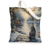 Christmas British Shorthair Cats Canvas Tote Bag for Shopping 13 * 15, Xmas Snowy Scene Reusable Grocery Shoulder Bag for Women, Pet Painting Gift Decor