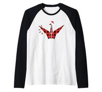 Christmas Buffalo Plaid Origami Crane with Santa Hat Xmas Raglan Baseball Tee