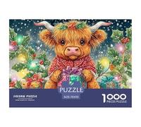 Christmas Bull Recycled Cardboard Jigsaws Puzzles 1000Pc for Senior Citizens Xmas Highland Cow Classic Educational Games 70x50cm/1000pcs