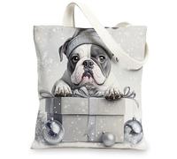 Christmas Bulldog Dog Canvas Tote Bag for Shopping 13 * 15, Luxury Xmas Gifts Reusable Grocery Shoulder Cloth Bag for Women, Pet Painting Gift Decor