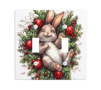 Christmas Bunny Rabbits Decorative Light Switch Cover Wall Plate 2 Gang Double Toggle, Fun Xmas Hollies Switchcover Switchplate, Animal Electrical Faceplate for Kitchen Living Room