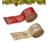 Christmas Burlap Ribbon - 2 Rolls Wired Edge Tree Decoration | Crafts Wrapping Wreath Fabric Ribbon - for Christmas Tree Party Stairs Garden Garland Home