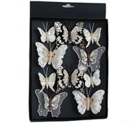 Christmas Butterfly Ornaments with Glitter and Clips for Hanging on Trees and Holiday Decoration (Golden White)