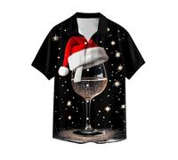 Christmas Button Up Shirt for Men Glitter Red Wine Glass Graphic Printed Tshirt Short Sleeve Hawaiian Santa Tops Men's Merry Christmas UK Xmas Plaid Blouse Tops Lapel Casual Beach Holiday