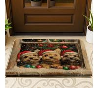 Christmas Cairn Terrier Dog Black Door Mat Outside Inside Entrance 29''x17'', Xmas Balls Window Puppy Outdoor Washable Doormat, Small Holiday Fun Patio Garage Shoes Off Door Rug