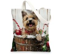 Christmas Cairn Terrier Dog Canvas Tote Bag for Shopping 13 * 15, Cute Xmas Wood Reusable Grocery Bag for Women, Pet Work Travel Painting Gift Decor