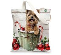 Christmas Cairn Terrier Dog Canvas Tote Bag for Shopping 13 * 15, Cute Xmas Wood Reusable Grocery Bag for Women, Pet Work Travel Pattern Gift Decor