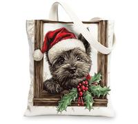 Christmas Cairn Terrier Dog Canvas Tote Bag for Shopping 13 * 15, Funny Xmas Windows Reusable Grocery Shoulder Bag for Women, Pet Painting Gift Decoration