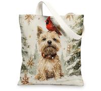 Christmas Cairn Terrier Dog Canvas Tote Bag for Shopping 13 * 15, Xmas Cardinal Snowy Reusable Grocery Shoulder Cloth Bag for Women, Pet Painting Gift Decoration