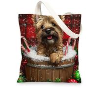 Christmas Cairn Terrier Dog Canvas Tote Bag for Shopping 13 * 15, Xmas Farmhouse Plaid Reusable Grocery Shoulder Cloth Bag for Women, Pet Painting Gift Decoration