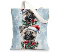 Christmas Cairn Terrier Dog Canvas Tote Bag for Shopping 13 * 15, Xmas Fun Watercolor Reusable Grocery Bag for Women, Pet Travel Painting Gift Decoration