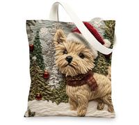 Christmas Cairn Terrier Dog Canvas Tote Bag for Shopping 13 * 15, Xmas Novelty Tree Reusable Grocery Shoulder Cloth Bag for Women, Pet Painting Gift Decoration