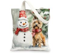 Christmas Cairn Terrier Dog Canvas Tote Bag for Shopping 13 * 15, Xmas Snowmen Tree Reusable Grocery Shoulder Bag for Women, Pet Painting Gift Decoration