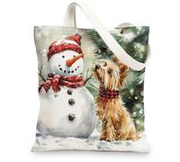 Christmas Cairn Terrier Dog Canvas Tote Bag for Shopping 13 * 15, Xmas Snowmen Tree Reusable Grocery Shoulder Bag for Women, Pet Painting Gift Decor