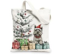 Christmas Cairn Terrier Dog Canvas Tote Bag for Shopping 13 * 15, Xmas Tree Gifts Reusable Grocery Bag for Women, Pet Work Travel Painting Gift Decor
