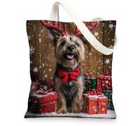 Christmas Cairn Terrier Dog Canvas Tote Bag for Shopping 13x15, Fun Rustic Xmas Gifts Puppy Reusable Grocery Print Bag for Women, Holiday Pet Aesthetic Painting Gift Decor