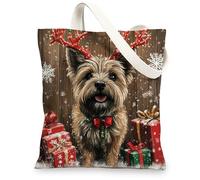 Christmas Cairn Terrier Dog Canvas Tote Bag for Shopping 13x15, Fun Rustic Xmas Gifts Puppy Reusable Grocery Print Bag for Women, Holiday Pet Aesthetic Painting Gift Decoration