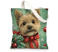 Christmas Cairn Terrier Dog Canvas Tote Bag for Shopping 13x15, Fun Xmas Holly Puppy Reusable Grocery Print Bag for Women, Holiday Pet Aesthetic Painting Gift Decor